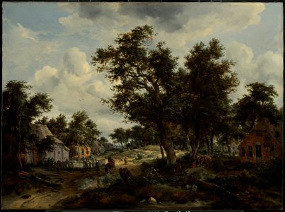 Meindert Hobbema (Dutch - A Wooded Landscape with Travelers on a Path through a Hamlet - Google Art Project. Free illustration for personal and commercial use.