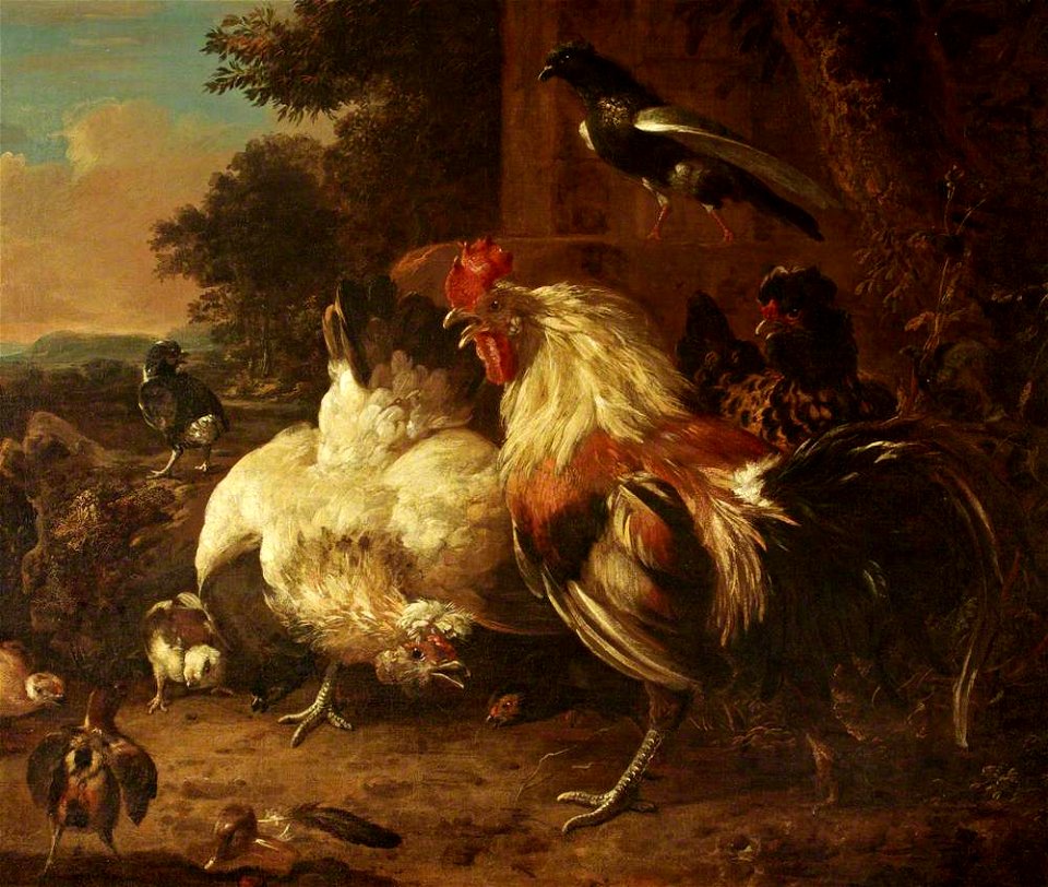 Melchior de Hondecoeter (1636-1695) - A Cock and Two Hens, with Chicks, in a Landscape Setting - 453766 - National Trust. Free illustration for personal and commercial use.