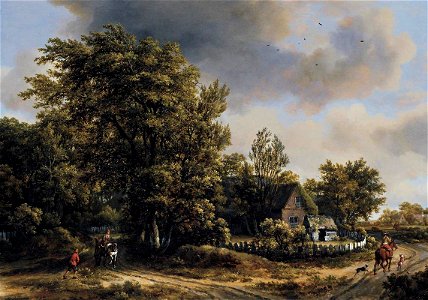 Meindert Hobbema - Wooded Landscape with Travellers - WGA11442. Free illustration for personal and commercial use.