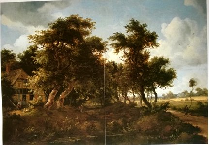 Meindert Hobbema - Wooded Landscape with Farm. Free illustration for personal and commercial use.
