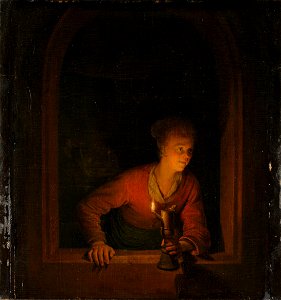 Meisje met olielamp voor een venster Rijksmuseum SK-A-89