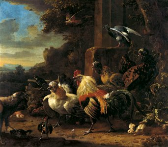 Melchior de Hondecoeter, Paisaje con aves de corral, óleo-lienzo, Museo Thyssen-Bornemisza. Free illustration for personal and commercial use.