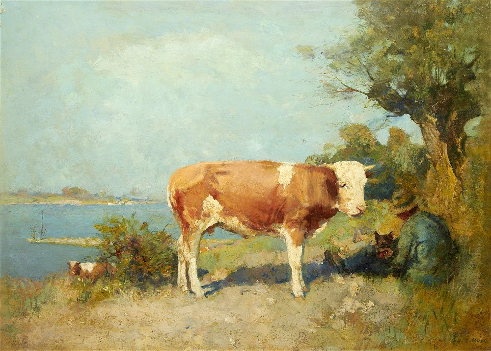 Gari Melchers - Landscape with a cow and a herdsman resting