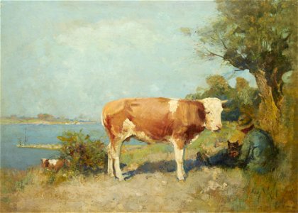 Gari Melchers - Landscape with a cow and a herdsman resting