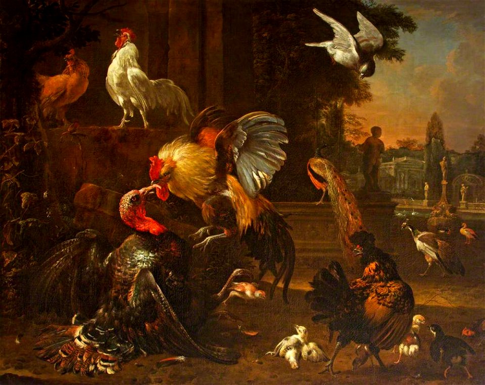 Melchior de Hondecoeter (1636-1695) - A Cock and Turkey Fighting, in a Park Setting, with Other Fowl - 453773 - National Trust