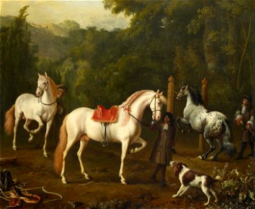 Melchior de Hondecoeter (Utrecht 1636-Amsterdam 1695) - A Groom Assisting a Riding Master at the Manège - RCIN 405957 - Royal Collection