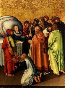 Meister des Pflockschen Altars (Werkstatt Lucas Cranach d.Ä.) - Tod der Mariae im Kreise der Apostel. Free illustration for personal and commercial use.