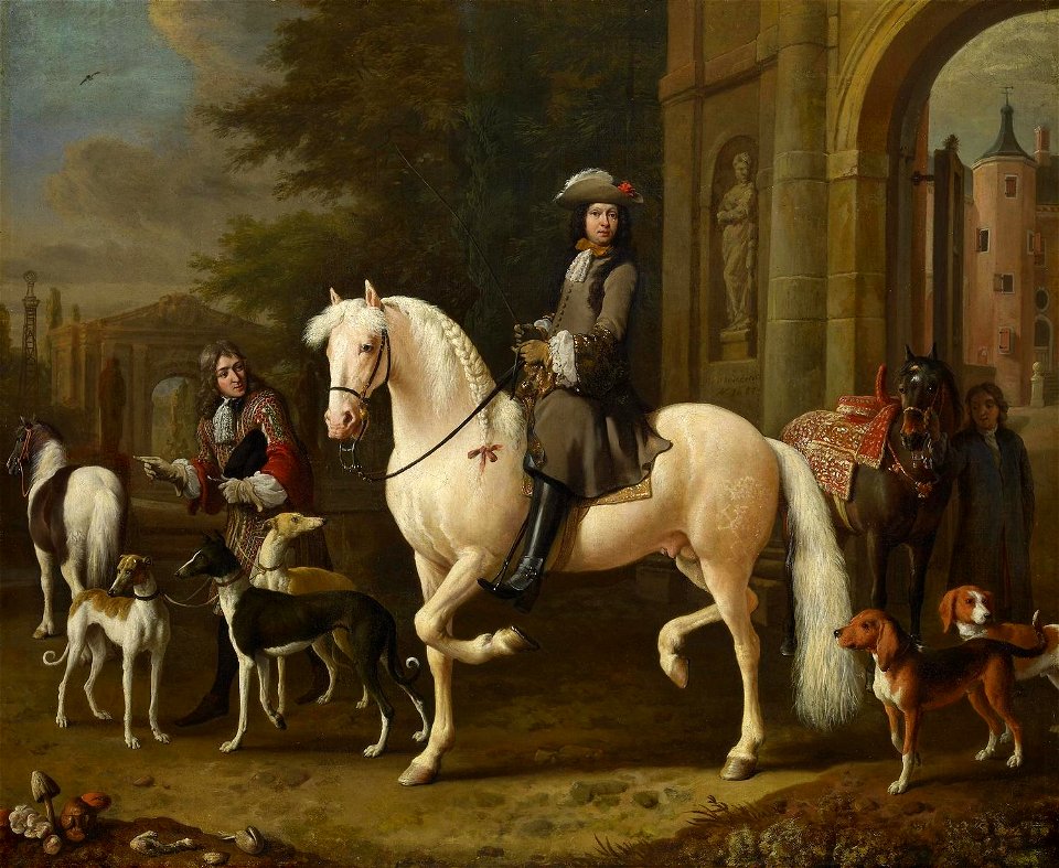 Melchior de Hondecoeter (Utrecht 1636-Amsterdam 1695) - Johan Ortt (1642-1701) on Horseback outside the Gate of Nijenrode Castle - RCIN 405956 - Royal Collection