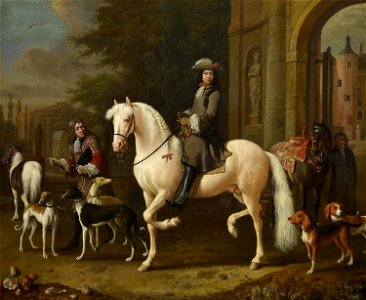 Melchior de Hondecoeter (Utrecht 1636-Amsterdam 1695) - Johan Ortt (1642-1701) on Horseback outside the Gate of Nijenrode Castle - RCIN 405956 - Royal Collection. Free illustration for personal and commercial use.