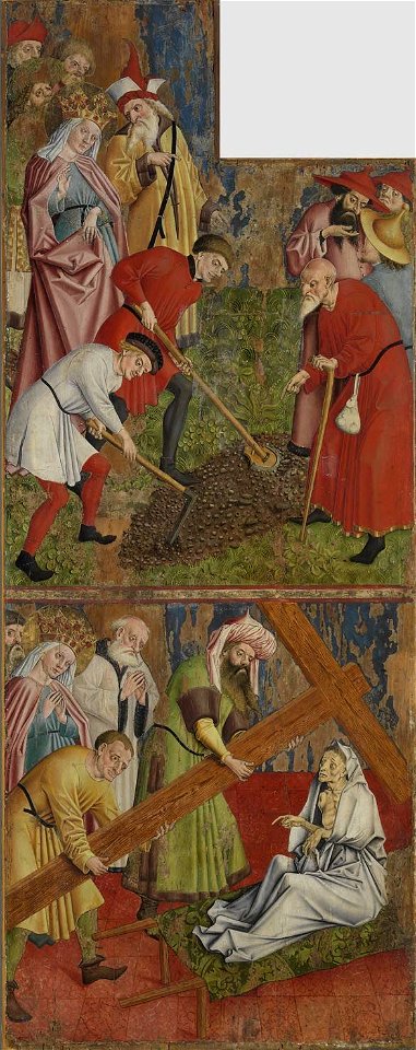 Meister der Pollinger Tafeln - Kreuzaltar, Flügelaußenseite, Kaiserin Helena findet das wahre Kreuz Christi und Erprobung des Kreuzes - 1368 A - Bavarian State Painting Collections