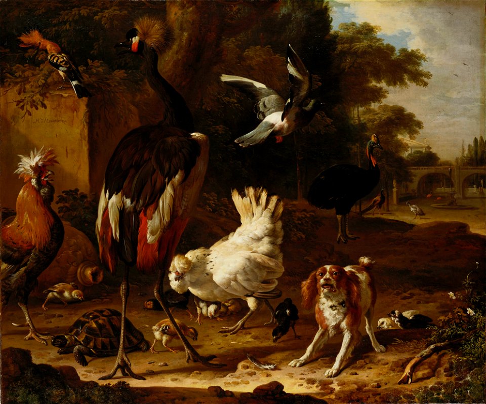 Melchior de Hondecoeter (Utrecht 1636-Amsterdam 1695) - Birds and a Spaniel in a Garden - RCIN 405354 - Royal Collection