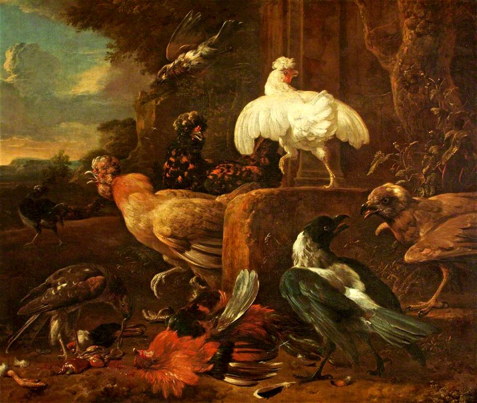 Melchior de Hondecoeter (1636-1695) - Poultry Attacked by Predatory Birds in a Landscape - 453732 - National Trust. Free illustration for personal and commercial use.