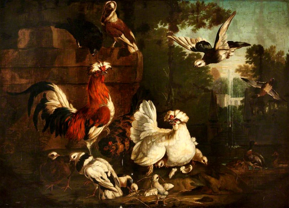 Melchior de Hondecoeter (1636-1695) (style of) - Barnyard Fowl with a Fountain and a Building Beyond - 429057 - National Trust