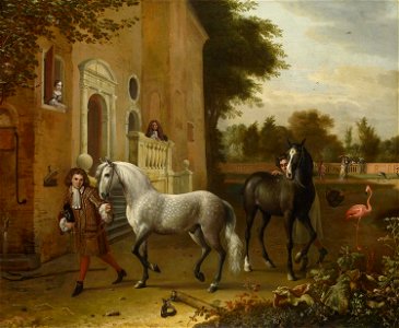 Melchior de Hondecoeter (Utrecht 1636-Amsterdam 1695) - Grooms with Horses, a Grey and a Dark Bay, at Nijenrode Castle - RCIN 405955 - Royal Collection. Free illustration for personal and commercial use.