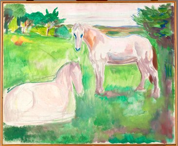 Edvard Munch - Two White Horses in a Green Meadow - MM.M.00731 - Munch Museum. Free illustration for personal and commercial use.