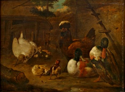 Melchior de Hondecoeter (attr) Stockenten und Haubenhühner mit Küken
