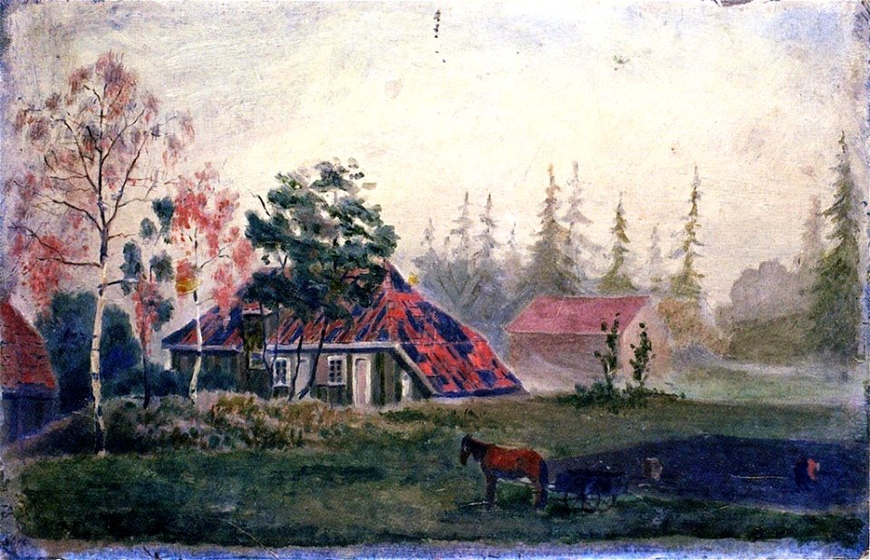 Horse and Wagon in front of Farm Buildings Munch
