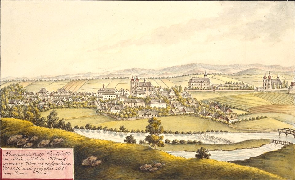 Municipalstadt Kosteletz am Flusse Adler Koeniggraetzer Kreises, aufgenommen Ao 1816 und gemahlt 1821 von Joann Venuto