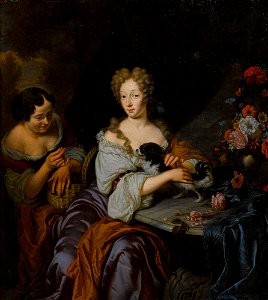 Michiel van Musscher Portrait of a lady with her dog and a maid 1686
