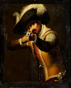 Musketier mit Muskete im Anschlag