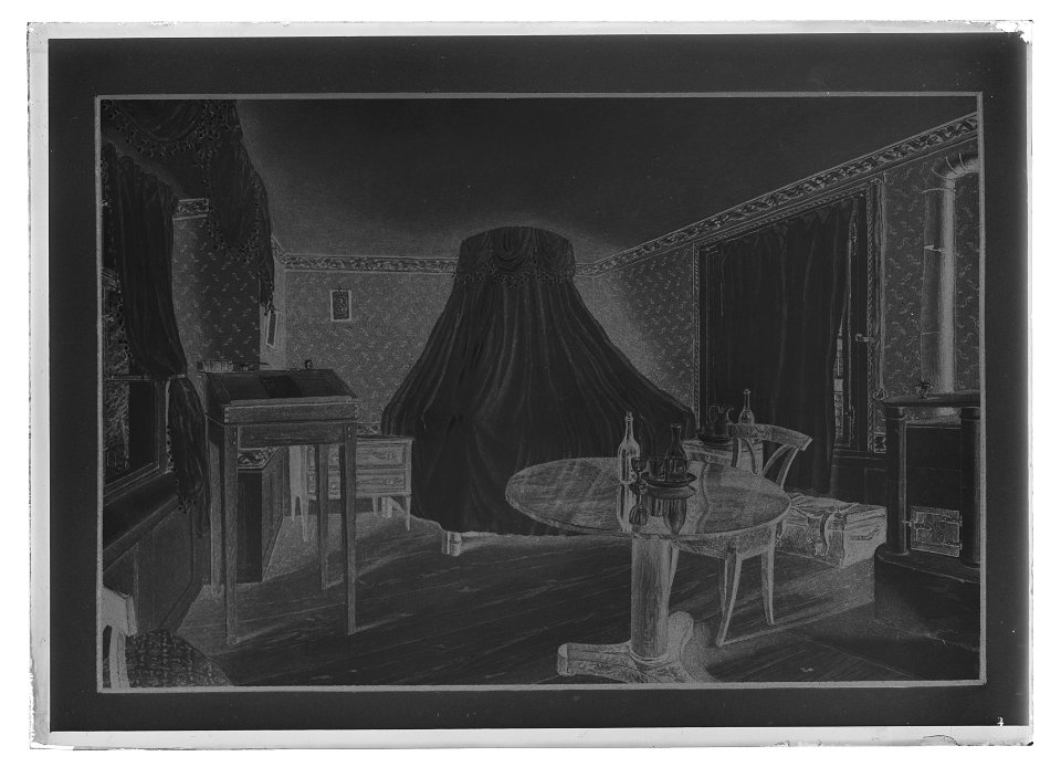 Målning, föreställande Gustav IV Adolfs rum på värdshuset Zum Weissen Rössli, S:t Gallen - Livrustkammaren - 69048-negative