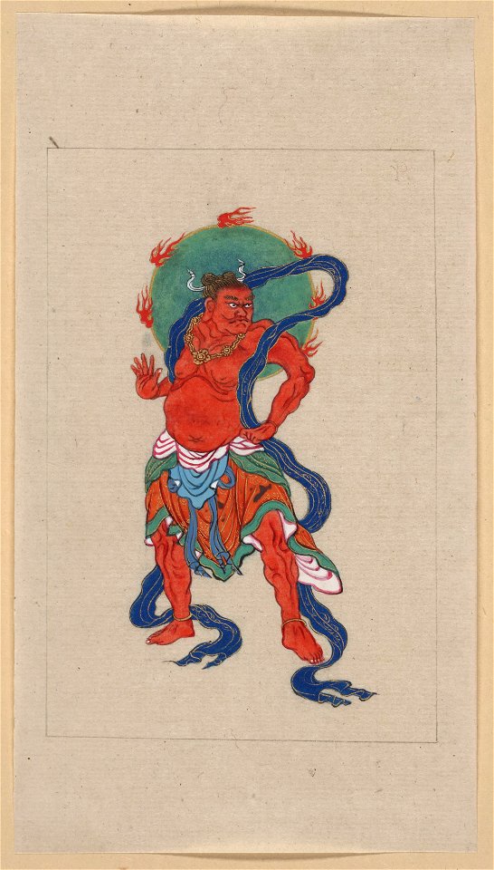Mythological Buddhist or Hindu figure, full-length, standing, facing right, with long blue sash and flaming green halo behind his head LCCN2009630154