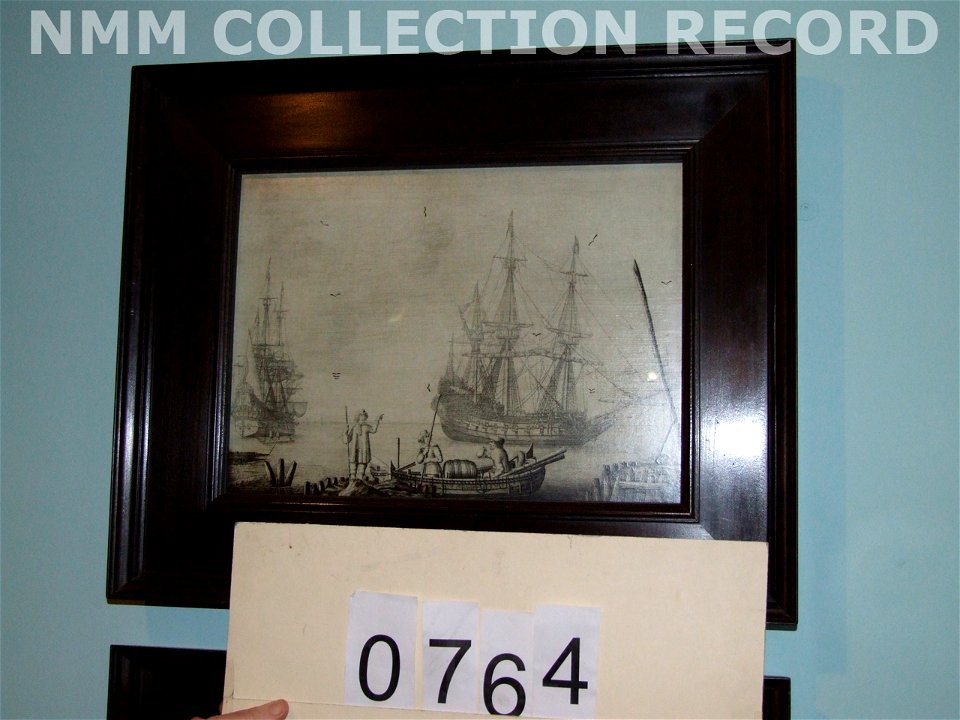 Men in a boat with two Dutch ships nearby RMG RP6469