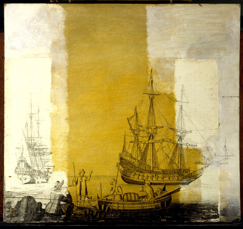 Men in a Boat Near Two Dutch Ships RMG L0234-001