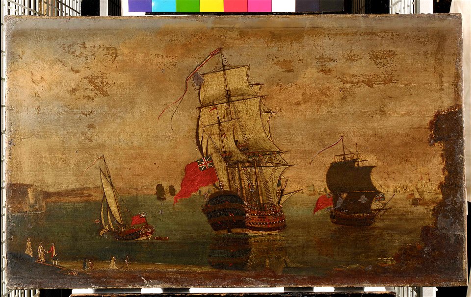 Men-of-war and a yacht in harbour RMG BHC0997
