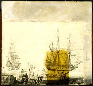 Men in a Boat Near Two Dutch Ships RMG L0234-002