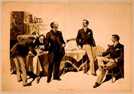 Men examining ledgers with two men to side, one wearing expression of concern LCCN2014636836