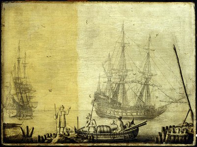 Men in a boat with two Dutch ships nearby RMG L0232