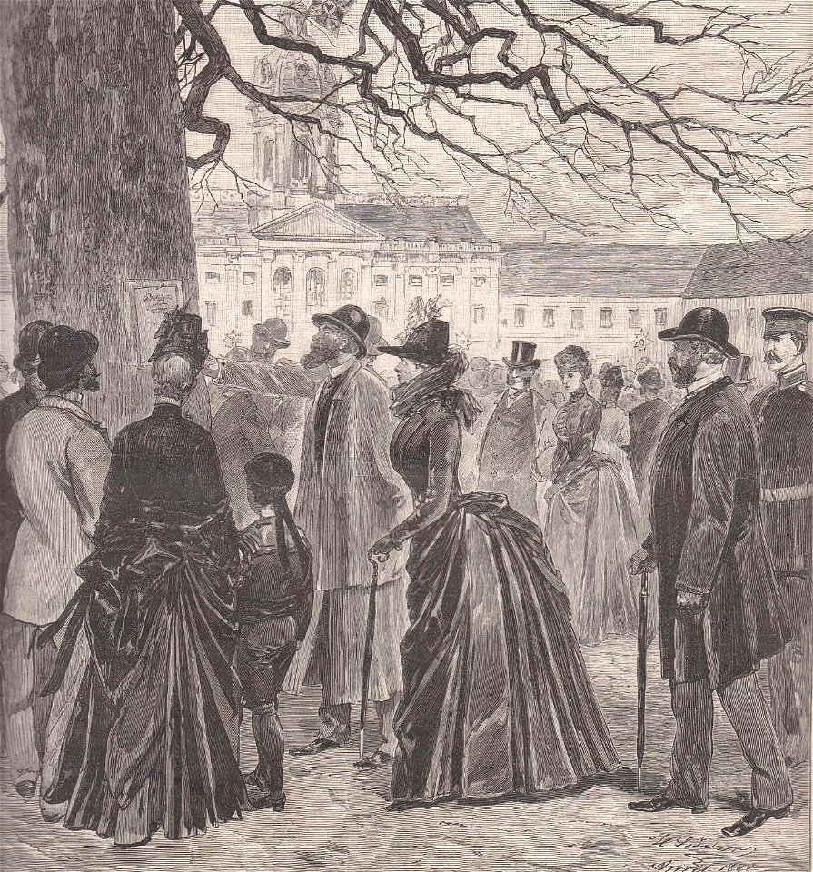 Menschen lesen das ärztliche Bulletin über das Befinden des Kaisers Friedrich, 1888