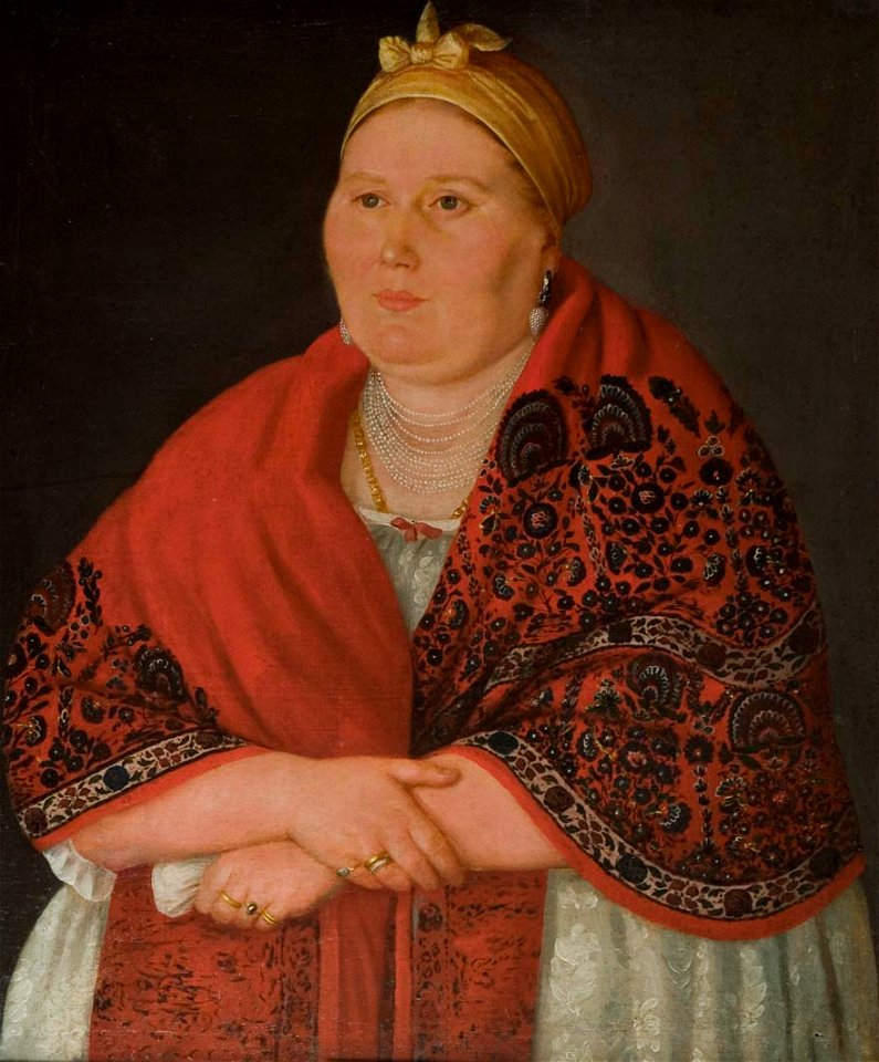 Merchant wife in red shawl by anonim (19 c., Tver gallery)