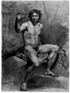 Mengs, Sitzender Akt als Bacchus mit Kranz und Schale in der erhobenen Rechten
