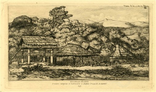 Meryon - Nouvelle-Zélande - Greniers indigènes et habitations à Akaroa, presqu'ile de Banks, 1845, 1865,1209.661