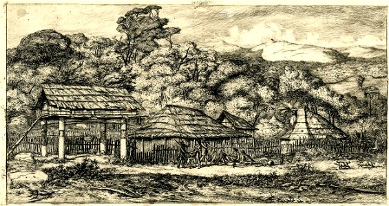 Meryon - Nouvelle-Zélande - Greniers indigènes et habitations à Akaroa, presqu'ile de Banks, 1845, 1876,1111.387