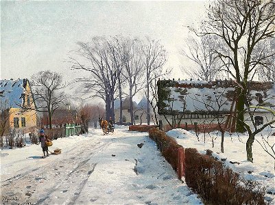 Peder Mønsted - Sneklædt landskab med pige gående på vej - 1923