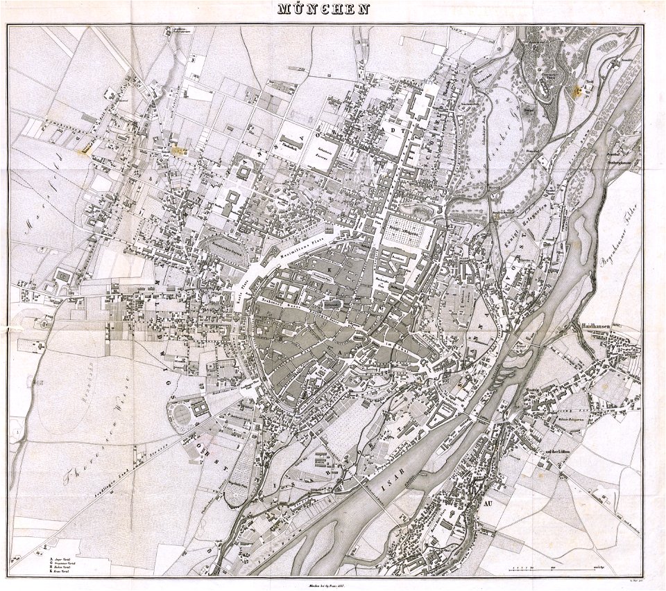 München Stadtplan 1837 Stich Georg Mayr für Georg Franz