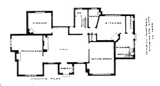 Mesylls, floorplan, fig 38 (Modern Homes, 1909). Free illustration for personal and commercial use.