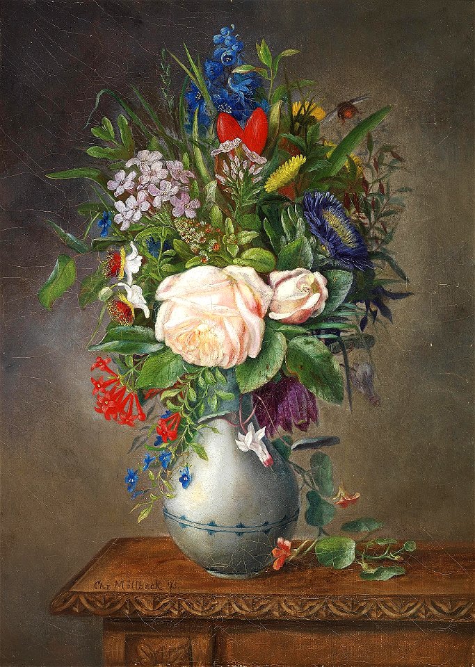Christian Møllback - En sommerbuket i vase på et bord - 1875