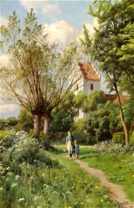 Peder Mønsted - To småpiger på en sti ved Fløng kirke en junidag - 1923
