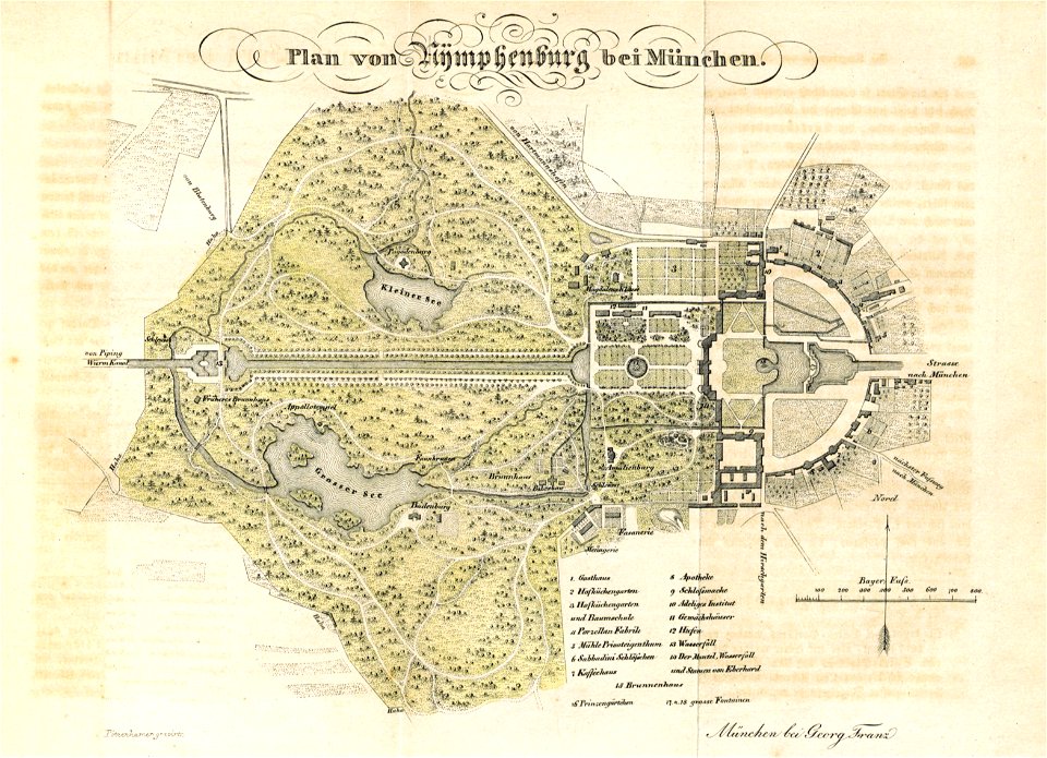 München Nymphenburg vor 1838 Gravur Joseph Pötzenhammer für Georg Franz