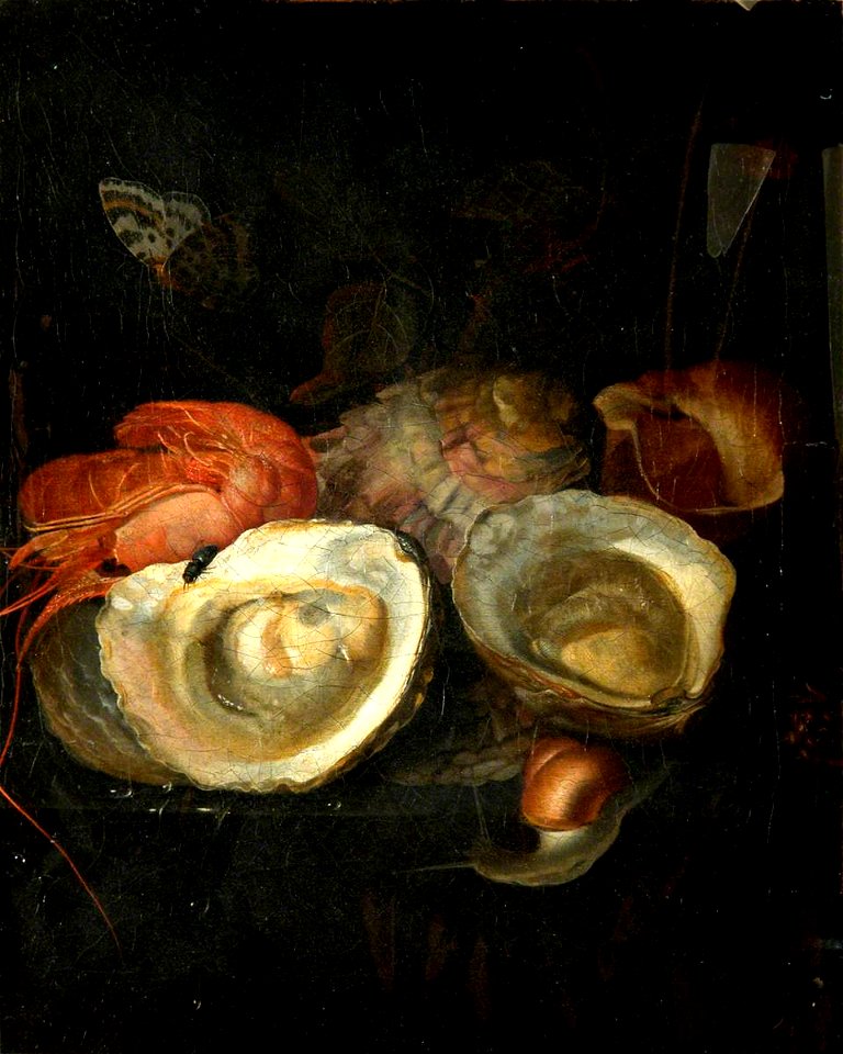 N. Adama (active late 17th C) (attributed to) - Still Life of Oysters and a Prawn on a Ledge with a Snail and a Butterfly - 1257230 - National Trust