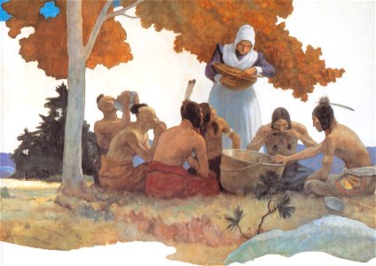 N.C. Wyeth - Thanksgiving with Indians (detail). Free illustration for personal and commercial use.