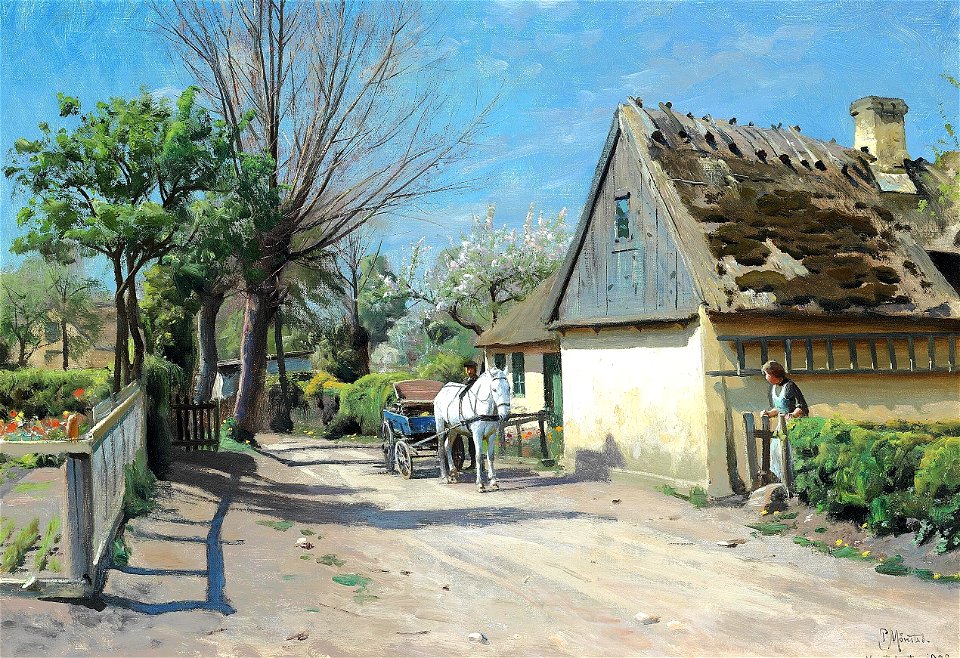 Peder Mønsted - Forårsdag med en hestevogn på vejen i Herstedvester - 1923