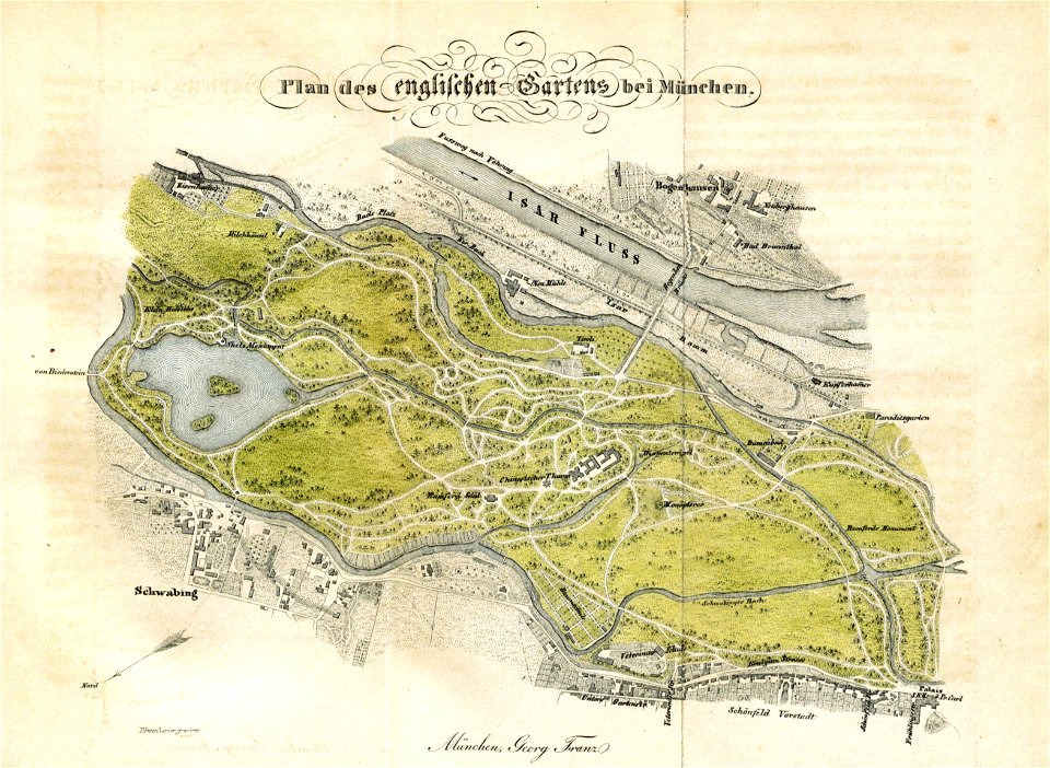 München Englischer Garten vor 1838 Gravur Joseph Pötzenhammer für Georg Franz