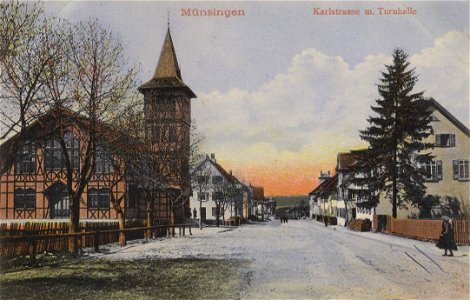 Münsingen, Baden-Württemberg - Karlstraße mit Turnhalle (Zeno Ansichtskarten)