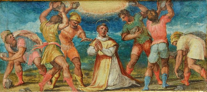 The Stoning of St. Stephen by Giovanni Battista Naldini. Free illustration for personal and commercial use.