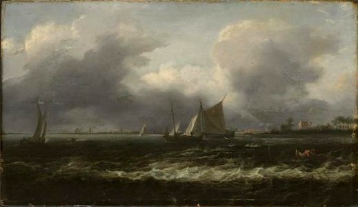 Naar Allaert van Everdingen - Schepen op een binnenwater met rechts op de voorgrond twee vissers in een roeibootje - Cat. 470 - Philadelphia Museum of Art
